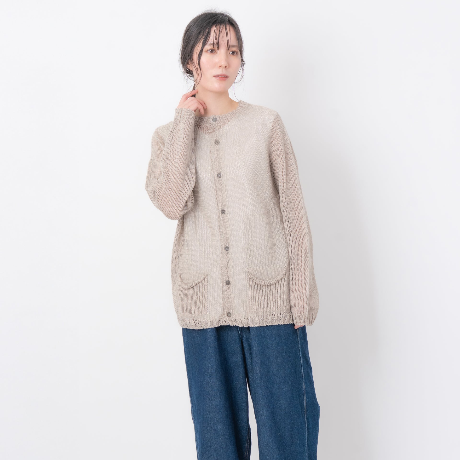 SO [　　]｜ノルマンディーリネン 求心編みカーディガン｜日本製 麻100% 丸ヨーク レディース